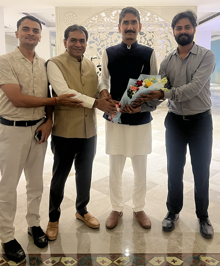 Dr. Shivam Mishra in discussion with Yogsevak Seeshpal and Hon. MLA Pakash Varmora