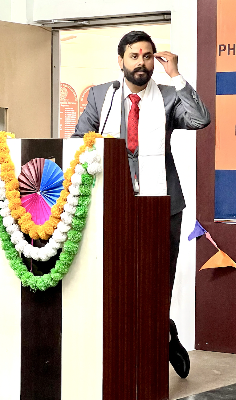 Dr. Shivam Mishra explaining philosophical concepts at Subharti University